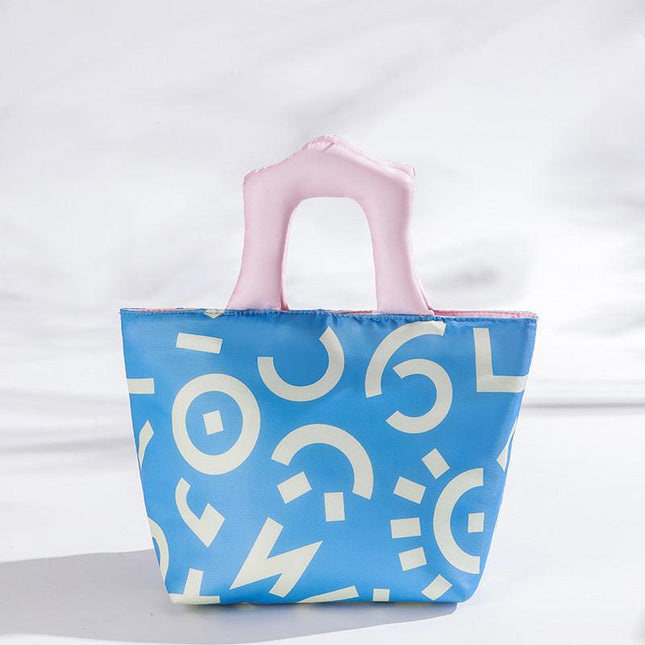 Blue and pink handbag Insulated Lunch Bag – Multi-Color Printed Tote with Padded Handle for Students & Office Workers.