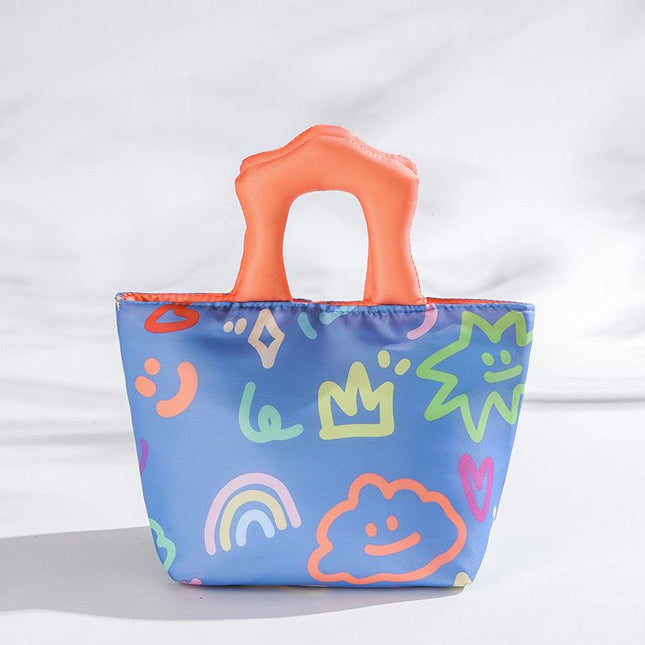 Blue and orange handbag Insulated Lunch Bag – Multi-Color Printed Tote with Padded Handle for Students & Office Workers.