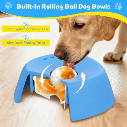 Blue bowl, white ball Slow Feeding Dog Bowl with Built-In Rolling Ball – Anti-Spill Pet Lick Dish for Healthy Eating Habits.