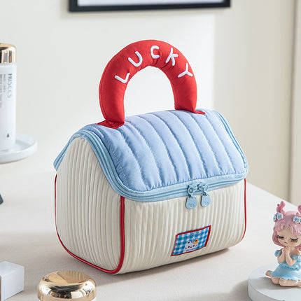 Red and blue Large Capacity Cosmetic Bag – Quilted Design with Dual-Zipper and Soft Handle for Travel & Daily Use.