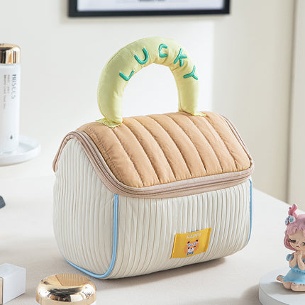 Coffee color and yellow Large Capacity Cosmetic Bag – Quilted Design with Dual-Zipper and Soft Handle for Travel & Daily Use.