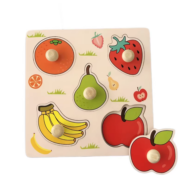 Fruit Hand-Grip Puzzle Board – Educational Shape Matching Toy for Early Learning, 14.5cm Square Design.