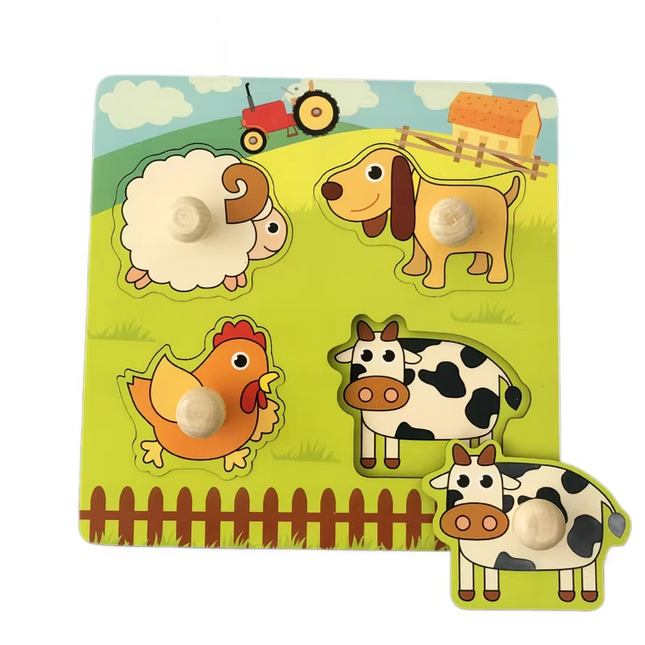 Farm Hand-Grip Puzzle Board – Educational Shape Matching Toy for Early Learning, 14.5cm Square Design.