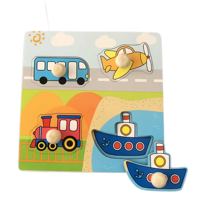 Transport Hand-Grip Puzzle Board – Educational Shape Matching Toy for Early Learning, 14.5cm Square Design.