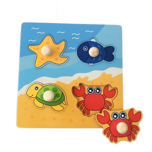 The ocean Hand-Grip Puzzle Board – Educational Shape Matching Toy for Early Learning, 14.5cm Square Design.