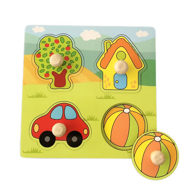 Tree of Items Hand-Grip Puzzle Board – Educational Shape Matching Toy for Early Learning, 14.5cm Square Design.