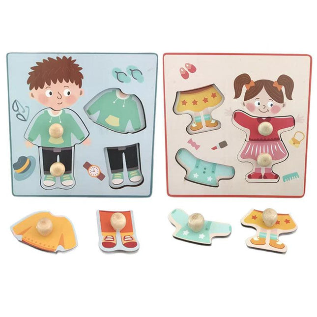 Dual-Character Hand-Grip Puzzle Set – Boys & Girls Dress-Up Matching Toy, 14.5cm Square Design.