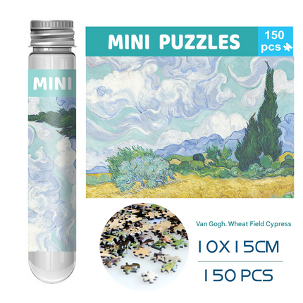 2 PCS 150-Piece Mini Puzzle in Reusable Tube – Compact Jigsaw for Home or Travel, Frame Not Included(136-Wheat Fields and Cypress Trees).