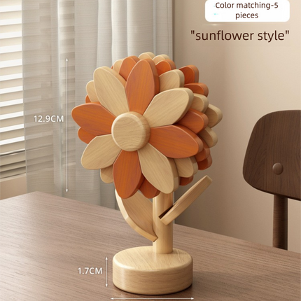 5-Piece Floral-Shaped Trivet Set with Stand – Wooden Heat Resistant Pad for Table, Dish, Pot or Cup(Warm orange and beech wood two-tone).