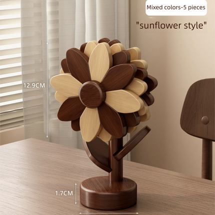 5-Piece Floral-Shaped Trivet Set with Stand – Wooden Heat Resistant Pad for Table, Dish, Pot or Cup(Walnut and beech two-tone).