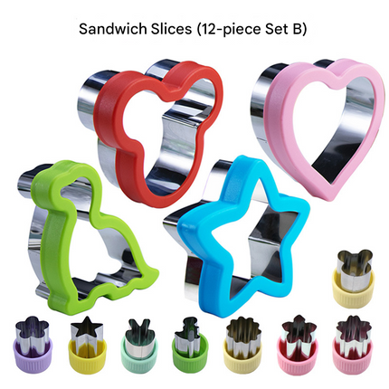 Stainless Steel Food Cutter Set – 12-Piece, Multi-Shape, with PP Press Cover for Sandwich, Cookie, Fruit and Vegetable Use(B).