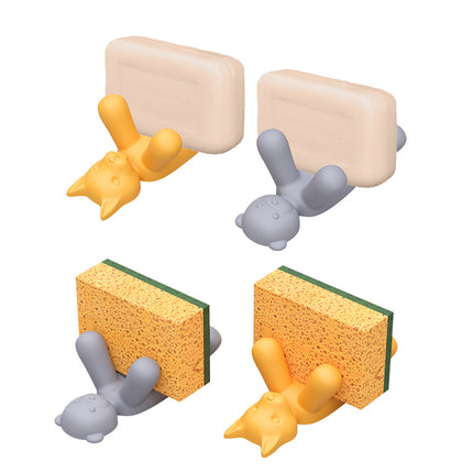 2-Pack Silicone Sponge Holder – Bear and Cat Shaped Dish Rack for Sink, Soap & Scrubber Storage.