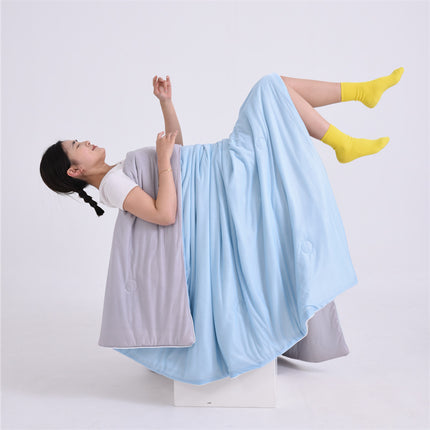 Blue with grey color scheme Cooling Summer Quilt with Ice Silk Fabric Lightweight Breathable Air Conditioner Blanket 150x200cm Soft Washable Comforter for Home Sleep Comfort.