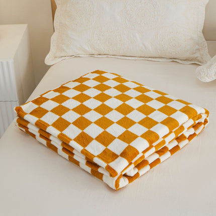 Yellow and white checkered pattern Double-Sided Plaid Fleece Blanket – 100×150cm Machine Washable, No-Shedding Flannel Throw for Office, Air Conditioning & Nap Use.