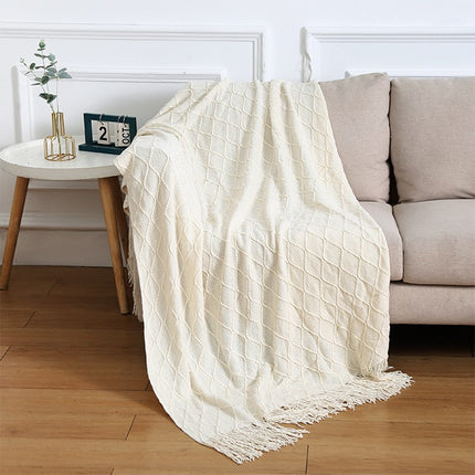 Beige Nordic Minimalist Knit Throw Blanket – 127×180cm Lightweight, Soft & Breathable Fleece-like Fabric with Tassel Edges for Sofa, Bed, Yoga & Air Conditioning Use.
