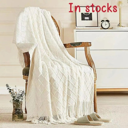 Beige Nordic Minimalist Knit Throw Blanket – 127×180cm Lightweight, Soft & Breathable Fleece-like Fabric with Tassel Edges for Sofa, Bed, Yoga & Air Conditioning Use.