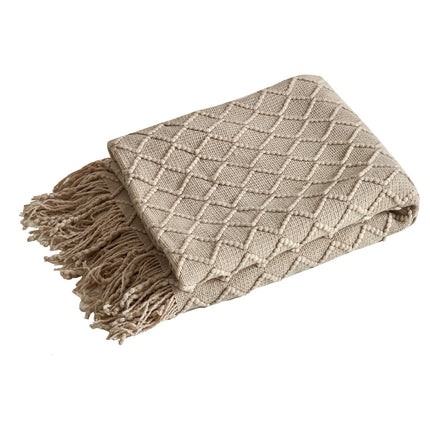 Khaki Nordic Minimalist Knit Throw Blanket – 127×180cm Lightweight, Soft & Breathable Fleece-like Fabric with Tassel Edges for Sofa, Bed, Yoga & Air Conditioning Use.