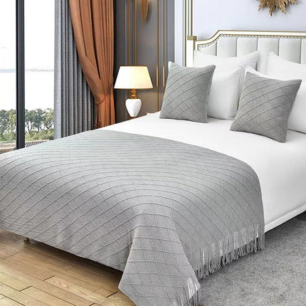 Khaki Nordic Minimalist Knit Throw Blanket – 127×180cm Lightweight, Soft & Breathable Fleece-like Fabric with Tassel Edges for Sofa, Bed, Yoga & Air Conditioning Use.