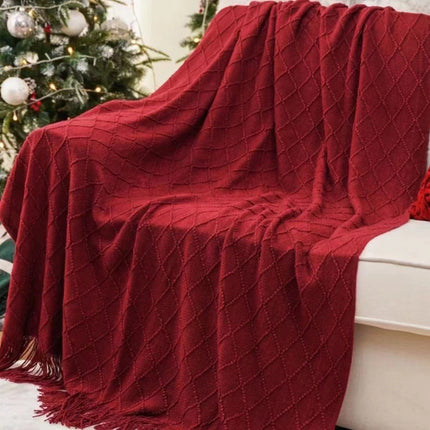 Red Nordic Minimalist Knit Throw Blanket – 127×180cm Lightweight, Soft & Breathable Fleece-like Fabric with Tassel Edges for Sofa, Bed, Yoga & Air Conditioning Use.