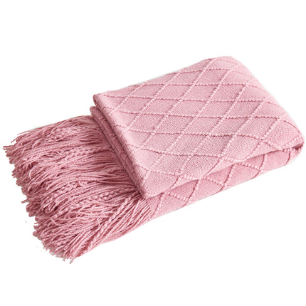 Pink Nordic Minimalist Knit Throw Blanket – 127×180cm Lightweight, Soft & Breathable Fleece-like Fabric with Tassel Edges for Sofa, Bed, Yoga & Air Conditioning Use.
