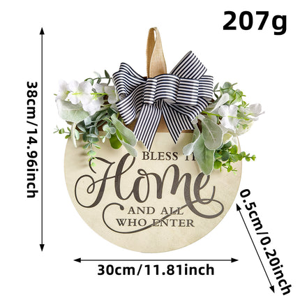 Rustic Wooden Door Hanger – "Bless This Home and All Who Enter" Round Sign with Artificial Flowers & Striped Bow for Front Door, Porch, or Entryway Decor.