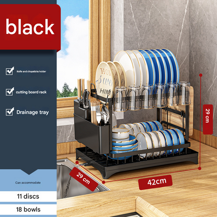 Black Foldable Dish Rack with Drain Tray, Knife & Chopstick Holder, Cup Rack, and Cutting Board Support – 42cm x 29cm x 29cm, Easy-Install Kitchen Storage Organizer for Plates, Bowls, Glasses, and Utensils.