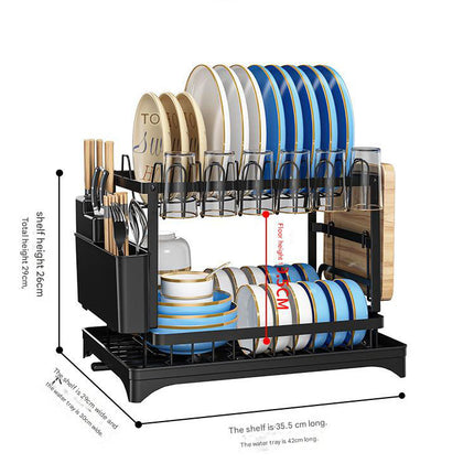 Black Foldable Dish Rack with Drain Tray, Knife & Chopstick Holder, Cup Rack, and Cutting Board Support – 42cm x 29cm x 29cm, Easy-Install Kitchen Storage Organizer for Plates, Bowls, Glasses, and Utensils.