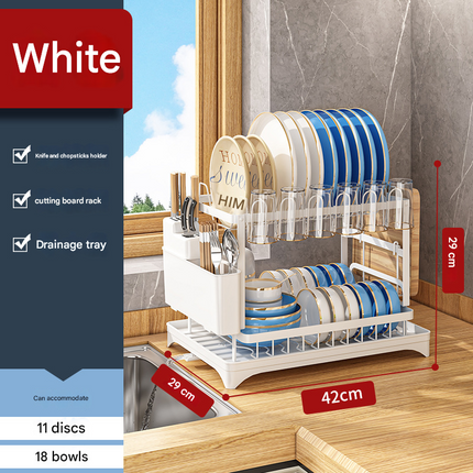 White Foldable Dish Rack with Drain Tray, Knife & Chopstick Holder, Cup Rack, and Cutting Board Support – 42cm x 29cm x 29cm, Easy-Install Kitchen Storage Organizer for Plates, Bowls, Glasses, and Utensils.