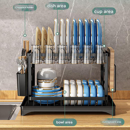 White Foldable Dish Rack with Drain Tray, Knife & Chopstick Holder, Cup Rack, and Cutting Board Support – 42cm x 29cm x 29cm, Easy-Install Kitchen Storage Organizer for Plates, Bowls, Glasses, and Utensils.