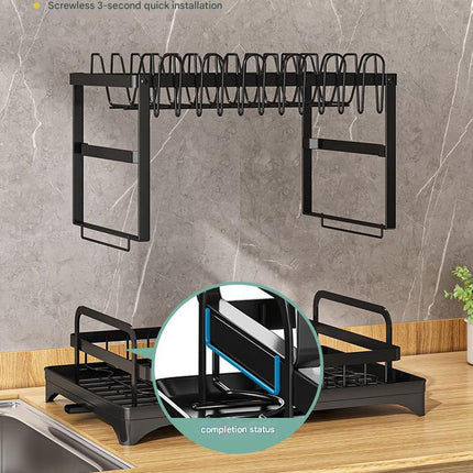 White Foldable Dish Rack with Drain Tray, Knife & Chopstick Holder, Cup Rack, and Cutting Board Support – 42cm x 29cm x 29cm, Easy-Install Kitchen Storage Organizer for Plates, Bowls, Glasses, and Utensils.