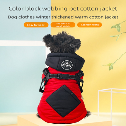 Red Thickened Winter Dog Coat with Reflective Strips – Waterproof, Windproof Pet Jacket for Small to Medium Dogs, Adjustable Fit with Detachable Leash Hook and Decorative Velcro Patch(Size: S).