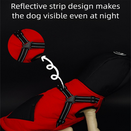 Red Thickened Winter Dog Coat with Reflective Strips – Waterproof, Windproof Pet Jacket for Small to Medium Dogs, Adjustable Fit with Detachable Leash Hook and Decorative Velcro Patch(Size: S).