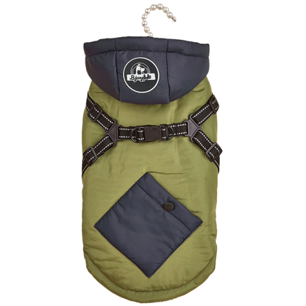 Green Thickened Winter Dog Coat with Reflective Strips – Waterproof, Windproof Pet Jacket for Small to Medium Dogs, Adjustable Fit with Detachable Leash Hook and Decorative Velcro Patch(Size: L).