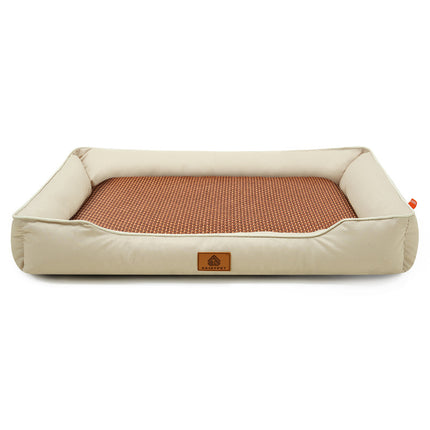 Khaki Rectangular Pet Bed with Removable Cooling Mat – Durable 600D Oxford Fabric Dog & Cat Bed, High-Rebound PP Cotton Filling, Non-Slip Base, for Medium to Large Breeds, Includes Free Cooling Pad(Size:S).