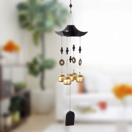 Brass Wind Chime with Wooden Pagoda Top – Elegant Metal Door & Home Decor Ornament.