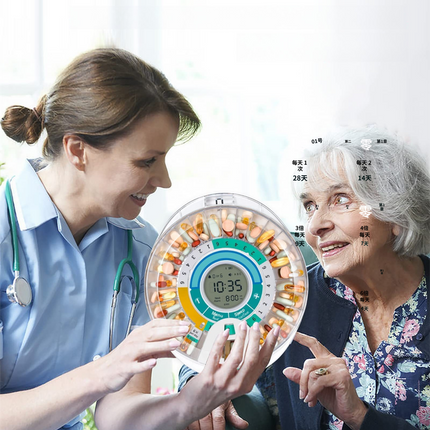 Automatic Rotating Pill Dispenser with Timer Alarm – Multi-Compartment Medication Organizer for Daily Health Management.