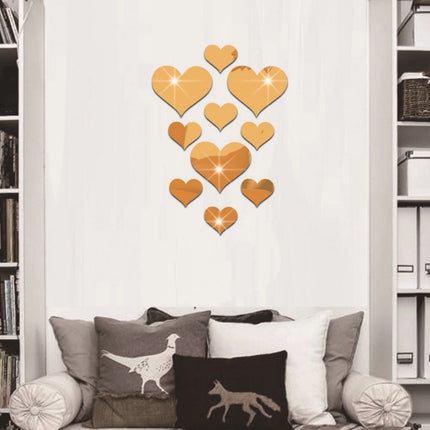 2-Pack Heart-Shaped Acrylic Mirror Wall Decals – Multi-Size Set (Max ~10.5cm), Silver & Gold Finish, Removable Decorative Stickers.