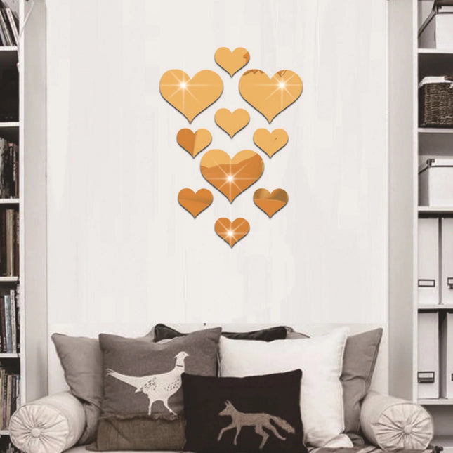 2-Pack Heart-Shaped Acrylic Mirror Wall Decals – Multi-Size Set (Max ~10.5cm), Silver & Gold Finish, Removable Decorative Stickers.