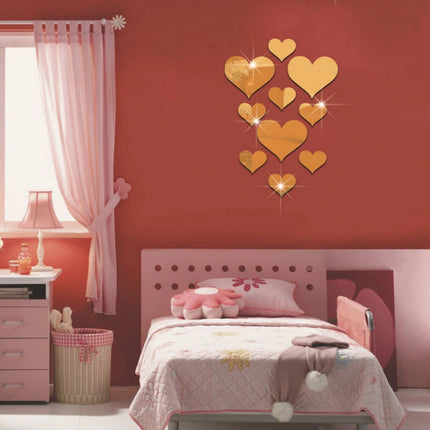 2-Pack Heart-Shaped Acrylic Mirror Wall Decals – Multi-Size Set (Max ~10.5cm), Silver & Gold Finish, Removable Decorative Stickers.