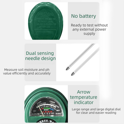 3-in-1 Soil Tester Meter for Moisture, pH and Light Intensity – Battery-Free Analog Probe for Gardening, Farming and Plant Care.