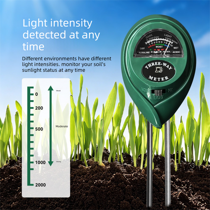 3-in-1 Soil Tester Meter for Moisture, pH and Light Intensity – Battery-Free Analog Probe for Gardening, Farming and Plant Care.