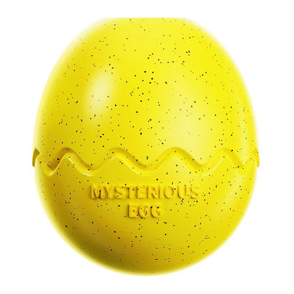 Yellow Mysterious Egg Slow-Feeder Treat Dispenser for Dogs – Food-Grade TPR Interactive Toy with 7 Internal Feeding Posts, Freezable and Dishwasher-Safe Design.