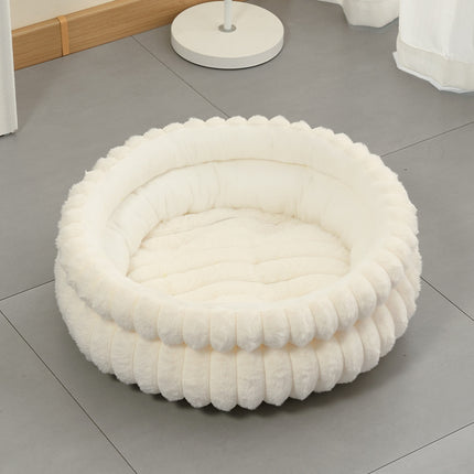White Plush Round Pet Bed with Removable Cushion M Size, Thickened Warm Dog and Cat Nest for Small to Medium Pets, Cozy and Soft Sleeping Space for Home Use.