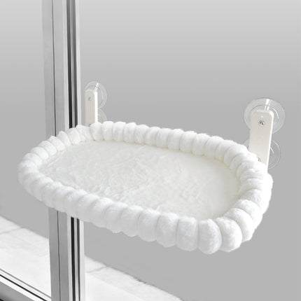 White Plush Cat Window Hammock with Strong Suction Cups, Faux Rabbit Fur Pet Bed for Cats and Small Dogs, Space-Saving Foldable Hanging Cat Perch for Sunbathing and Relaxation.