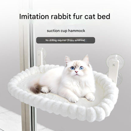White Plush Cat Window Hammock with Strong Suction Cups, Faux Rabbit Fur Pet Bed for Cats and Small Dogs, Space-Saving Foldable Hanging Cat Perch for Sunbathing and Relaxation.