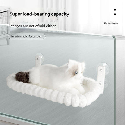 White Plush Cat Window Hammock with Strong Suction Cups, Faux Rabbit Fur Pet Bed for Cats and Small Dogs, Space-Saving Foldable Hanging Cat Perch for Sunbathing and Relaxation.