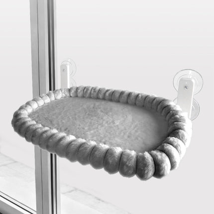 Grey Plush Cat Window Hammock with Strong Suction Cups, Faux Rabbit Fur Pet Bed for Cats and Small Dogs, Space-Saving Foldable Hanging Cat Perch for Sunbathing and Relaxation.