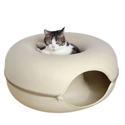 Beige Felt Donut Cat Bed with Zipper Tunnel Toy, Double-Layer Pet Cave for Cats, M Size (50x20cm), Cozy Hideaway for Indoor Cats.