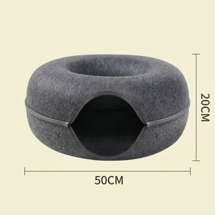 Pink Felt Donut Cat Bed with Zipper Tunnel Toy, Double-Layer Pet Cave for Cats, M Size (50x20cm), Cozy Hideaway for Indoor Cats.