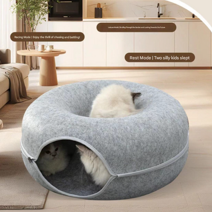 Light grey Felt Donut Cat Bed with Zipper Tunnel Toy, Double-Layer Pet Cave for Cats, M Size (50x20cm), Cozy Hideaway for Indoor Cats.